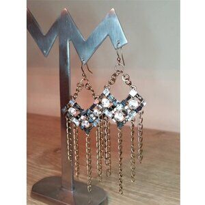 Brassy gold tone dangle drop long rhinestone and chains statement earrings